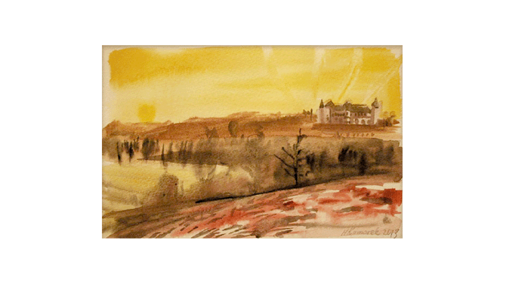 M. Kumorek-Barańska, Pejzaż z zamkiem w Nowym Wiśniczu - akwarela