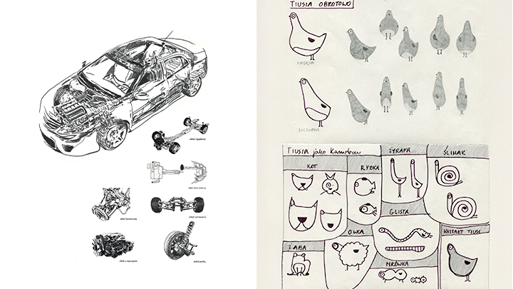 M. Kumorek-Barańska, Samochód / Kurka wodna - rysunki linearne